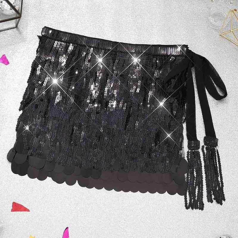 Brishow Christmas Sequin Fringe Skirt, Sparkly Tassel Belly Dance Hip Scarf Wrap Mini Skirt for Women - Image 2